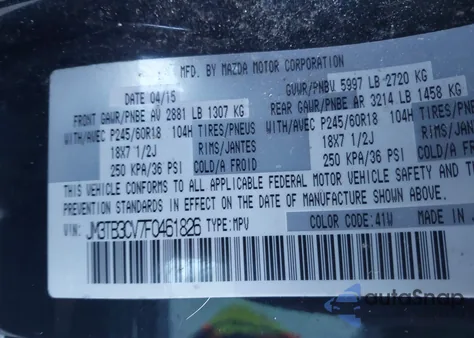 2015 Mazda Cx-9 Touring from USA, damaged, VIN JM3TB3CV7F0461826